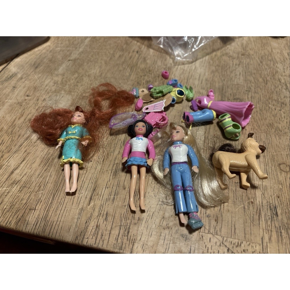 Mattel Polly Pocket Lot 3 Dolls Brushable Hair Clothes Shoes Pet Dog Figures